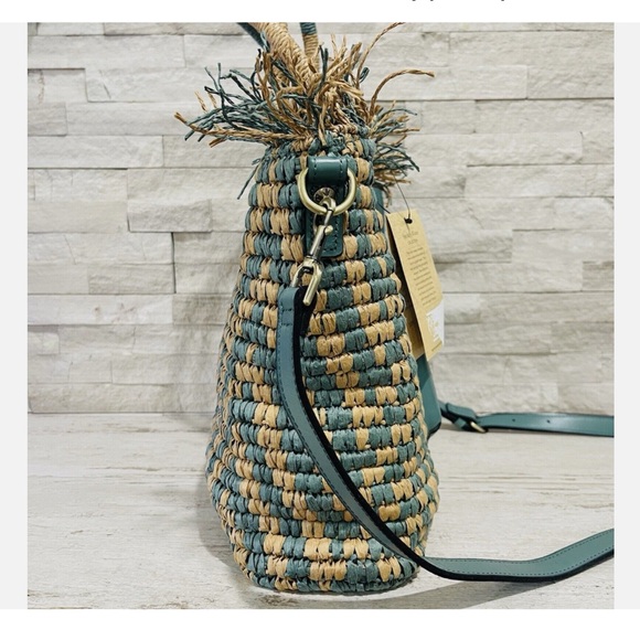 Patricia Nash Leather Turquoise Blue and Tan Straw Woven Tote - Picture 4 of 11